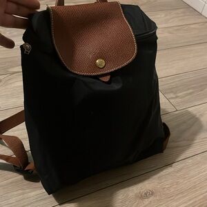 Longchamp Black Nylon Backpack with Brown Leather Trim